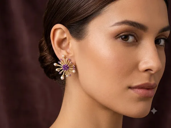 Gold_Tone_925_Silver_Floral_Purple_Stone_Stud_Earrings_For_Women