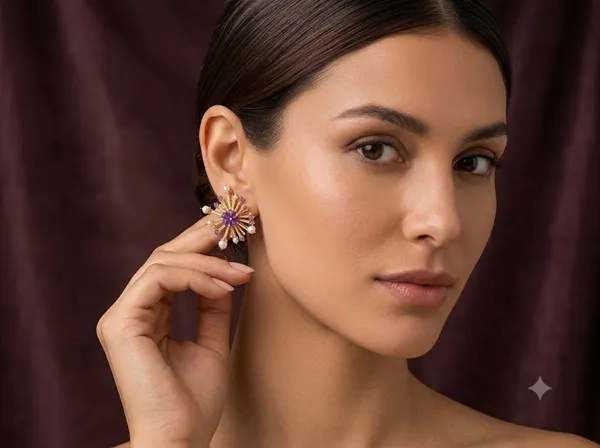 Gold_Tone_925_Silver_Floral_Purple_Stone_Stud_Earrings_For_Women