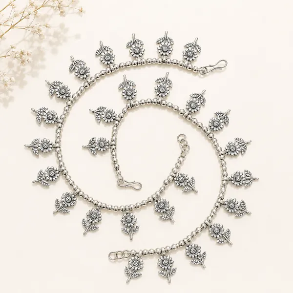 Silver_German_Silver_Floral_Charm_Beaded_Anklet_Pair_For_Women