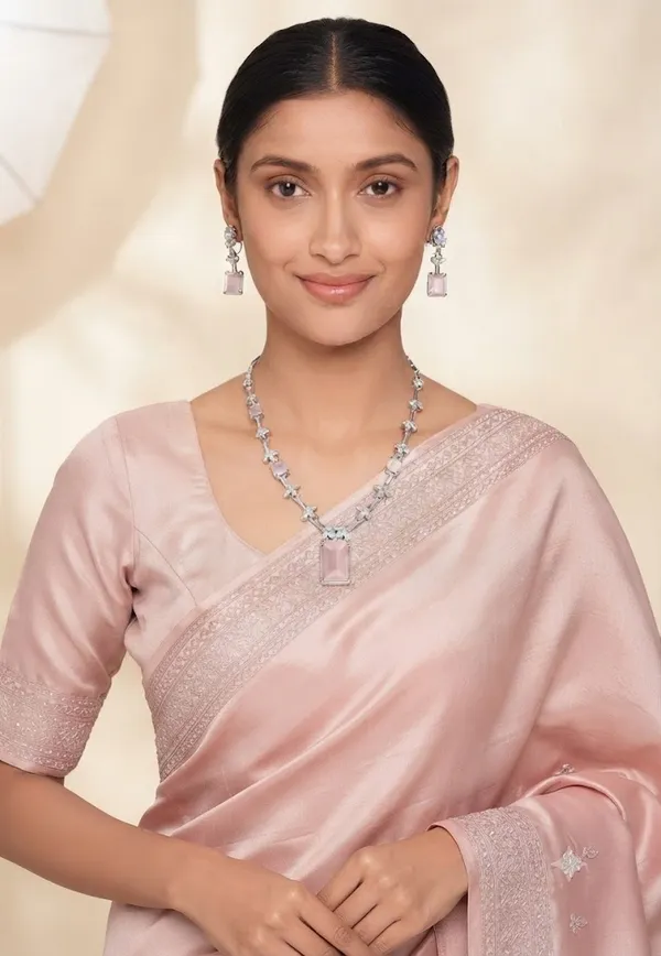 Silver_Light_Pink_Ad_Stone_Alloy_Floral_Necklace_And_Earrings_Set_For_Women