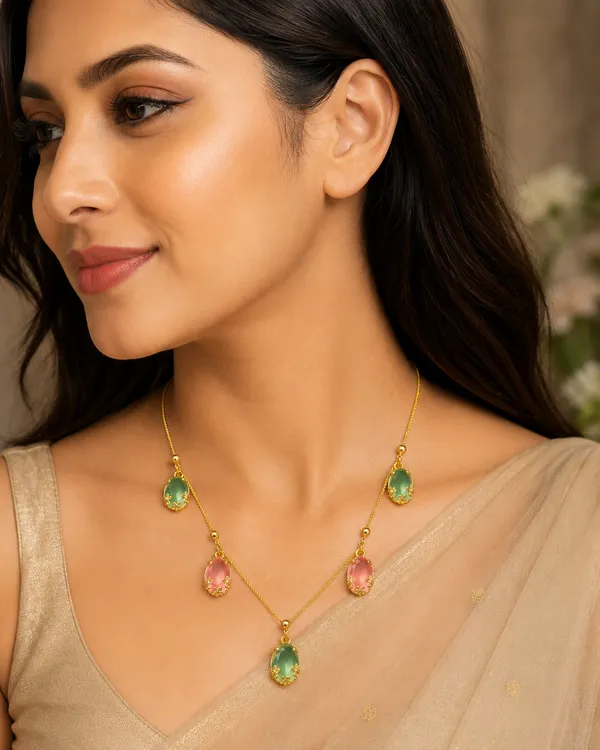Gold_Green_Pink_Stone_Charm_Chain_Bracelet_Set_For_Women