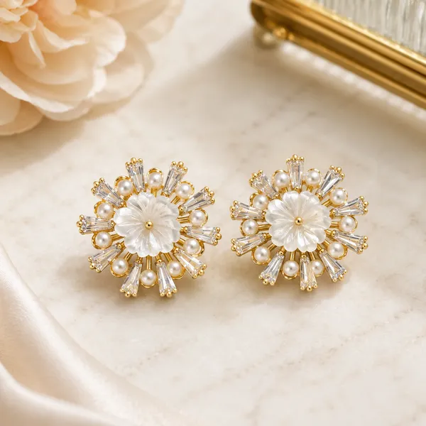 White_Pearl_Floral_Gold_Tone_Drop_Earrings_For_Women