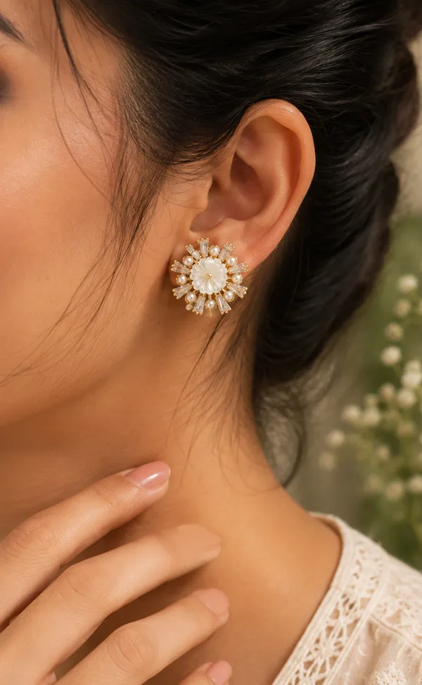 White_Pearl_Floral_Gold_Tone_Drop_Earrings_For_Women