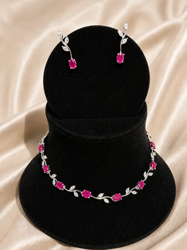 Silver_Pink_Ad_Stone_Alloy_Leaf_Necklace_For_Women