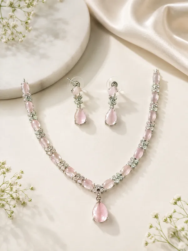 Silver_Tone_Pink_Ad_Stone_Necklace_And_Earrings_Set_For_Women