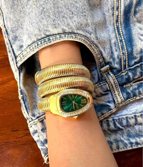 Gold_Stainless_Steel_Green_Dial_Stretch_Bracelet_Watch_For_Women