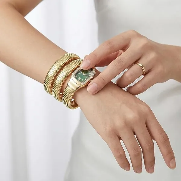 Gold_Stainless_Steel_Green_Dial_Stretch_Bracelet_Watch_For_Women