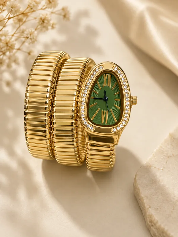 Gold_Stainless_Steel_Green_Dial_Stretch_Bracelet_Watch_For_Women