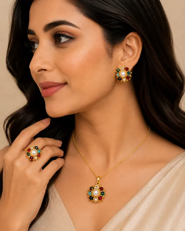 Gold_Tone_Multicolour_Floral_Pearl_Alloy_Jewellery_Set_For_Women