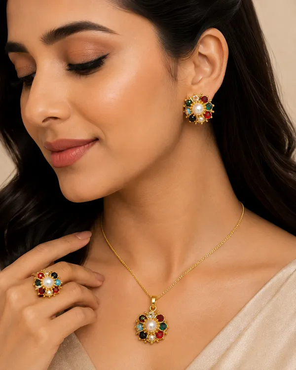 Gold_Tone_Multicolour_Floral_Pearl_Alloy_Jewellery_Set_For_Women