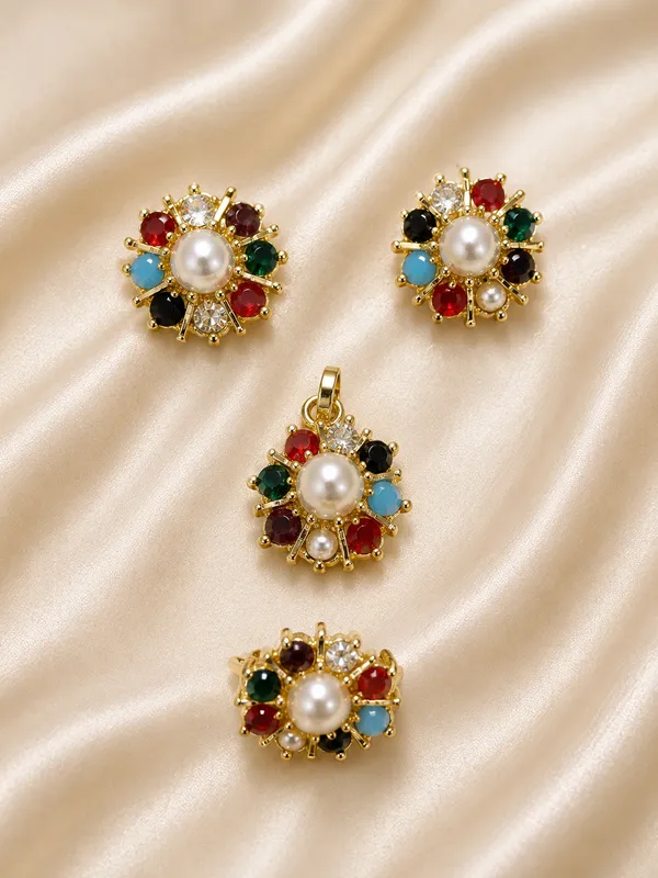 Gold_Tone_Multicolour_Floral_Pearl_Alloy_Jewellery_Set_For_Women