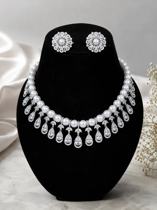Silver_Ad_Stone_Alloy_Pearl_Floral_Necklace_And_Earrings_Set_For_Women