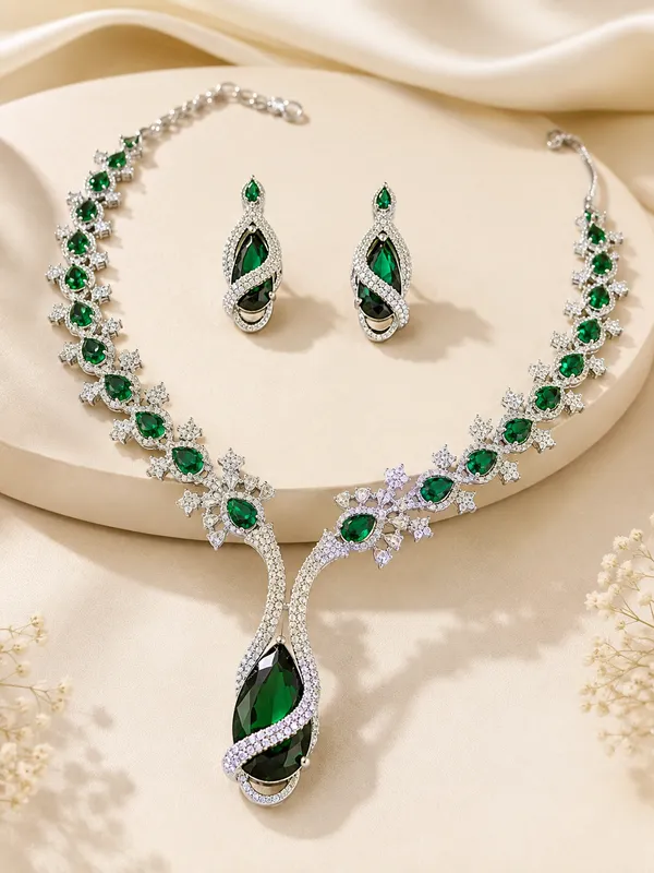 Silver_Tone_Green_Ad_Stone_Floral_Necklace_Earrings_Set_For_Women