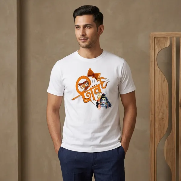 White_Polyester_Crew_Neck_Trishul_Om_Damru_Graphic_T-Shirt_For_Men