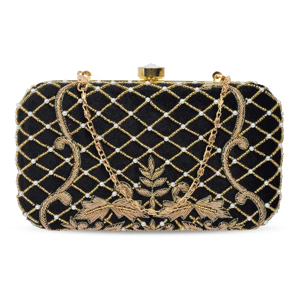 Black_Gold_Fabric_Zari_Pearl_Embroidered_Box_Clutch_For_Women
