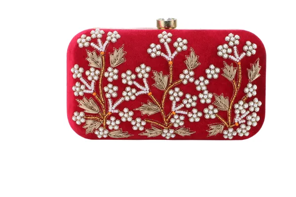Red_Velvet_Pearl_Beaded_Floral_Box_Clutch_For_Women