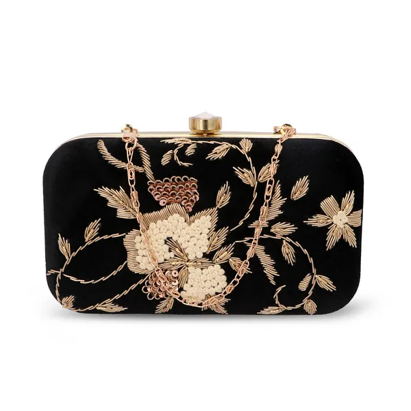 Black_Velvet_Floral_Embroidered_Box_Clutch_For_Women