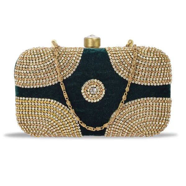 Green_Velvet_Stone_Crystal_Embellished_Box_Clutch_For_Women