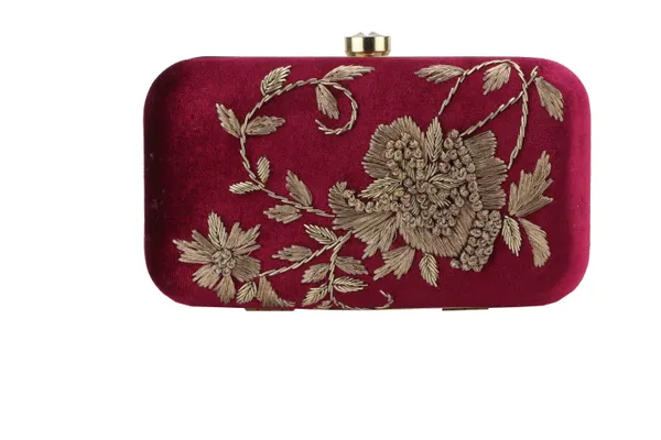 Maroon_Velvet_Gold_Floral_Embroidered_Box_Clutch_For_Women