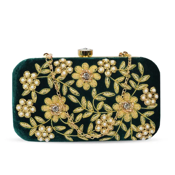 Green_Velvet_Gold_Thread_Embroidered_Box_Clutch_For_Women