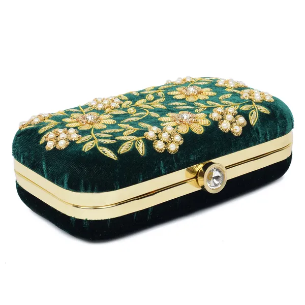 Green_Velvet_Gold_Thread_Embroidered_Box_Clutch_For_Women