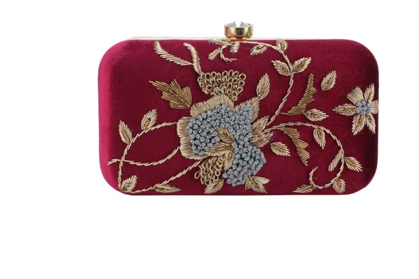 Maroon_Velvet_Embroidered_Floral_Box_Clutch_For_Women