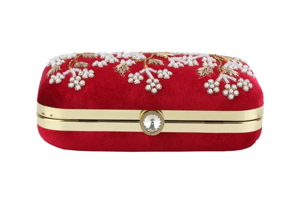 Red_Velvet_Pearl_Beaded_Floral_Box_Clutch_For_Women