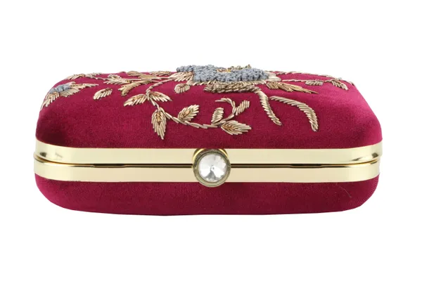 Maroon_Velvet_Embroidered_Floral_Box_Clutch_For_Women