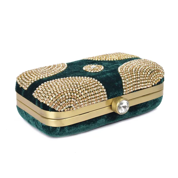 Green_Velvet_Stone_Crystal_Embellished_Box_Clutch_For_Women