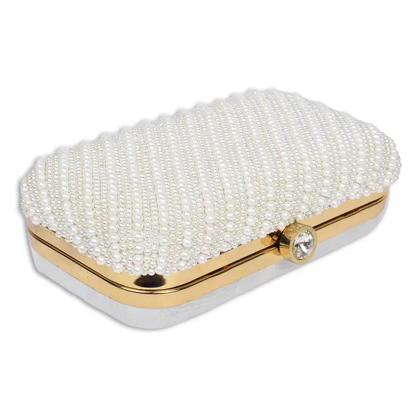 White_Faux_Pearl_Embellished_Box_Clutch_For_Women