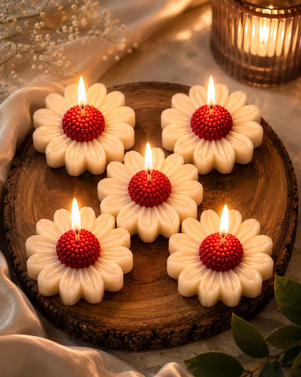 White_Daisy_Flower_Shaped_Lavender_Decorative_Wax_Candles_Set_Of_5