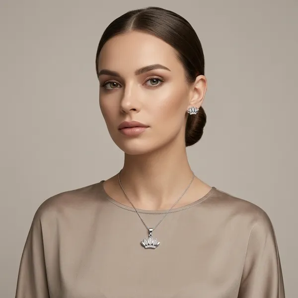 Silver_Sterling_Lotus_Floral_Pendant_And_Earrings_Set_For_Women