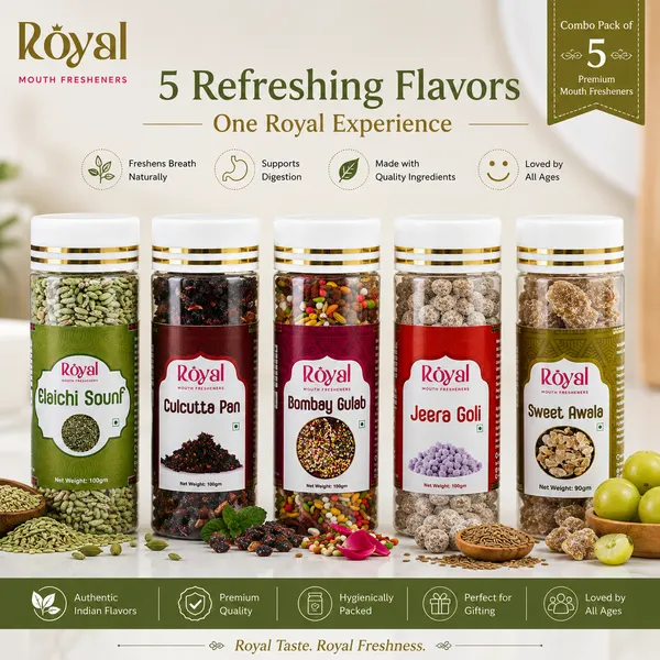 Royal_Mouth_Fresheners_Combo_Pack_of_5_(100g_Each)_|_Bombay_Gulab,_Calcutta_Pan,_Elaichi_Sounf,_Jeera_Goli_&_Sweet_Awala_|_Premium_Indian_Mukhwas_&_Digestive_Mouth_Freshener_Gift_Pack