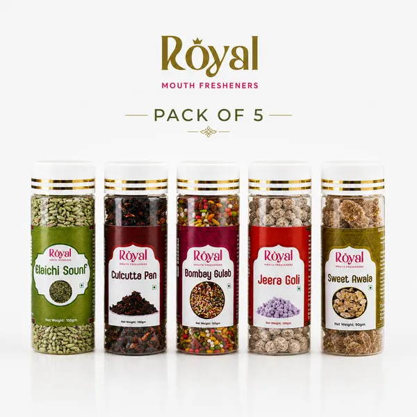Royal_Mouth_Fresheners_Combo_Pack_of_5_(100g_Each)_|_Bombay_Gulab,_Calcutta_Pan,_Elaichi_Sounf,_Jeera_Goli_&_Sweet_Awala_|_Premium_Indian_Mukhwas_&_Digestive_Mouth_Freshener_Gift_Pack
