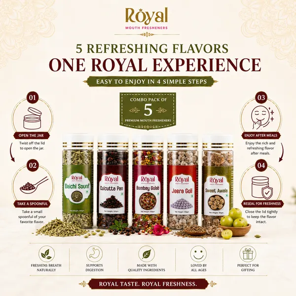 Royal_Mouth_Fresheners_Combo_Pack_of_5_(100g_Each)_|_Bombay_Gulab,_Calcutta_Pan,_Elaichi_Sounf,_Jeera_Goli_&_Sweet_Awala_|_Premium_Indian_Mukhwas_&_Digestive_Mouth_Freshener_Gift_Pack