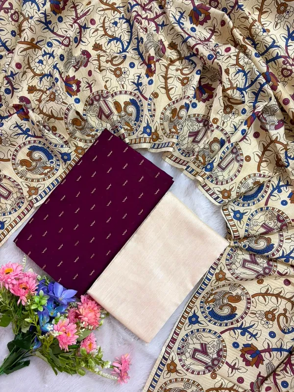 Cream_And_Maroon_Raw_Silk_Dress_Material_for_Women