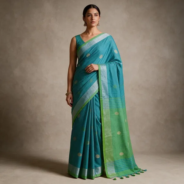 Turquoise_Khadi_Cotton_Border_Saree_for_Women