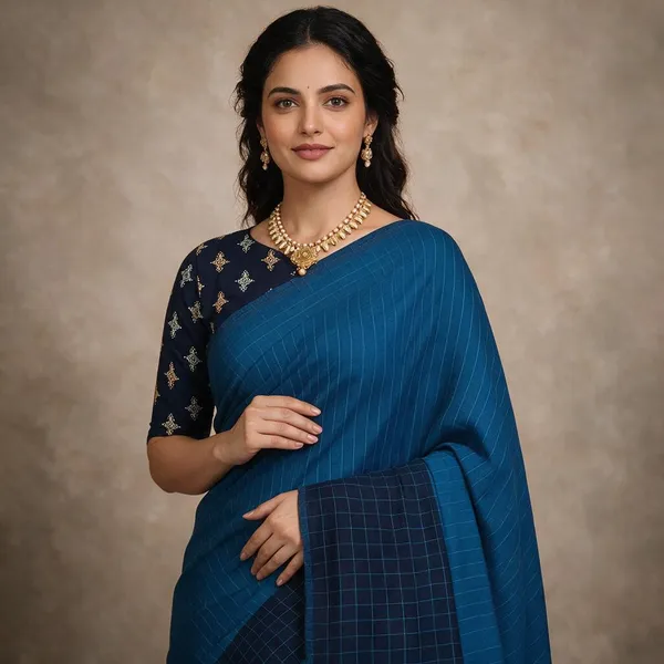 Blue_Cotton_Checkered_Saree_With_Blouse_Piece_for_Women