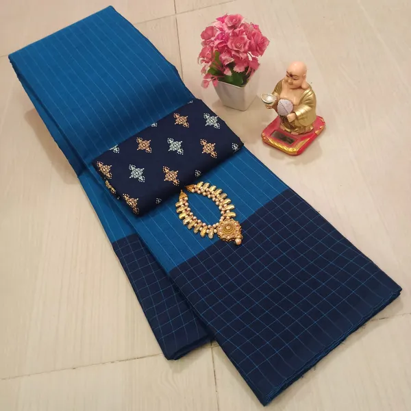 Blue_Cotton_Checkered_Saree_With_Blouse_Piece_for_Women