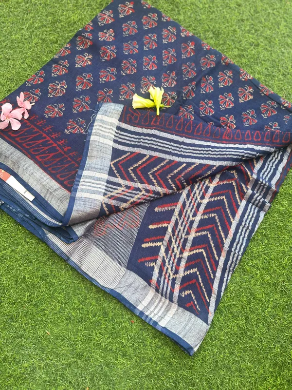 Navy_Blue_Cotton_Linen_Linen_-_Cotton-_saree_For_Women