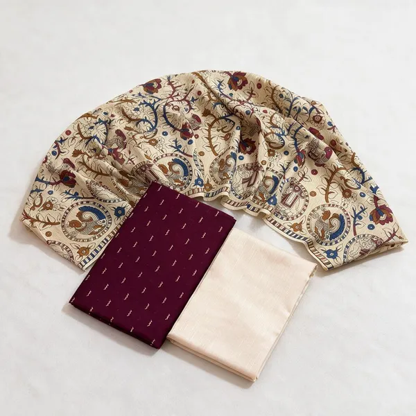 Cream_And_Maroon_Raw_Silk_Dress_Material_for_Women