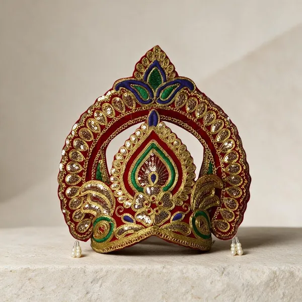 Red_Green_Sequin_Zari_Embroidered_Mukut_For_Krishna_Idol
