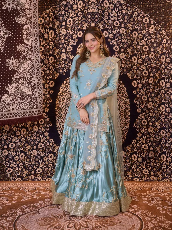 Blue_Satin_Embroidered_Lehenga_Set_For_Women