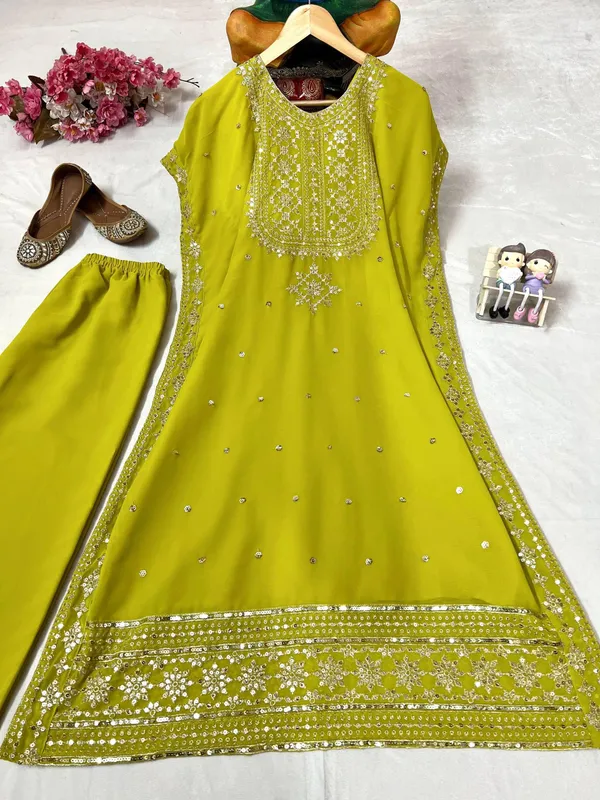 Lime_Green_Faux_Georgette_Embroidered_Kurta_Set_For_Women