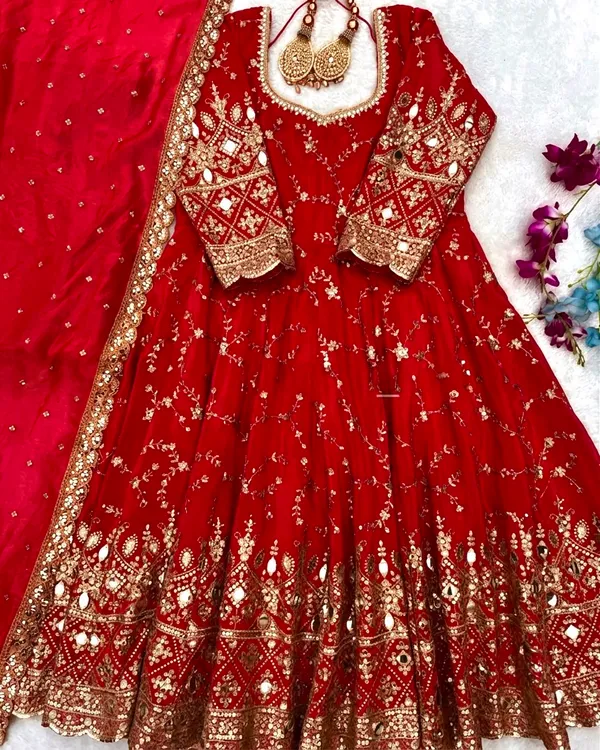 Red_Chinon_Silk_Flared_Embroidered_Anarkali_Suit_For_Women