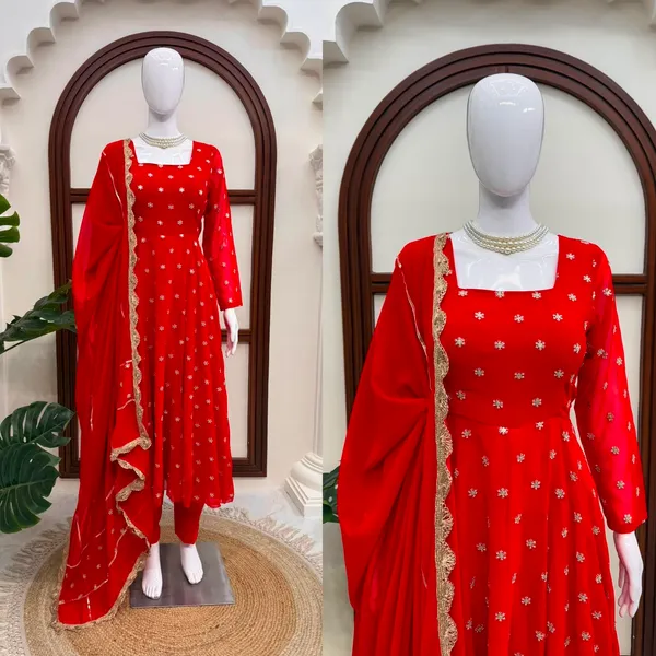 Red_Chinon_Silk_Flared_Anarkali_Dress_Set_For_Women