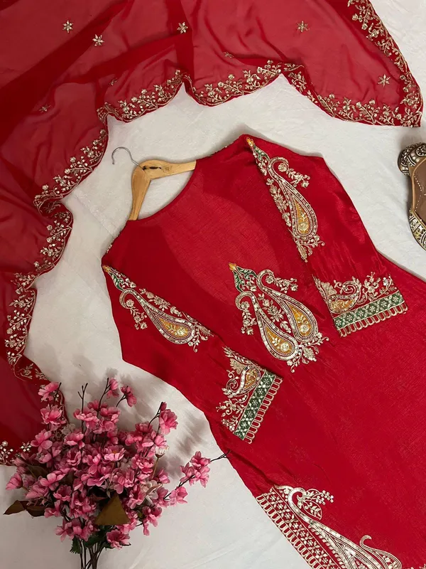 Red_Chinon_Georgette_Straight_Embroidered_Kurta_Set_For_Women