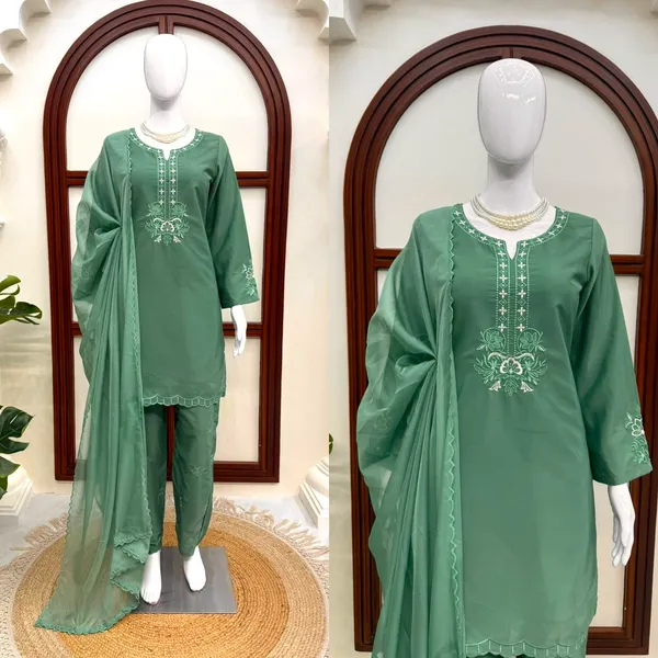 Green_American_Silk_Straight_Embroidered_Kurta_Set_For_Women