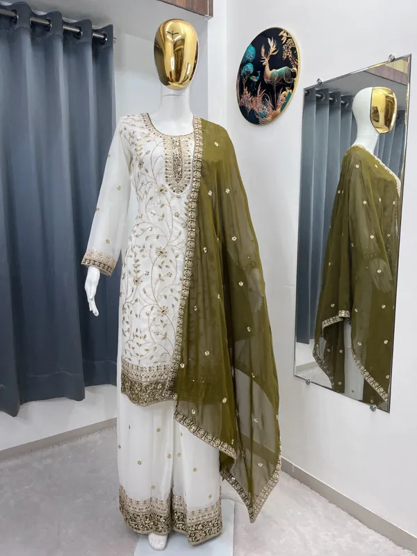 White_Olive_Faux_Georgette_Straight_Salwar_Suit_For_Women