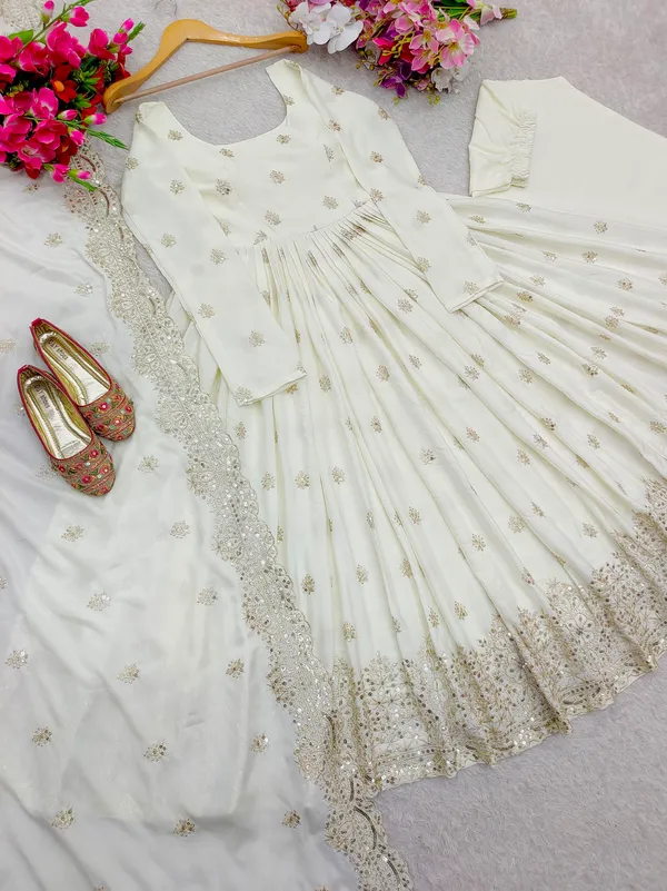 White_Chinnon_Silk_Flared_Anarkali_Suit_For_Women